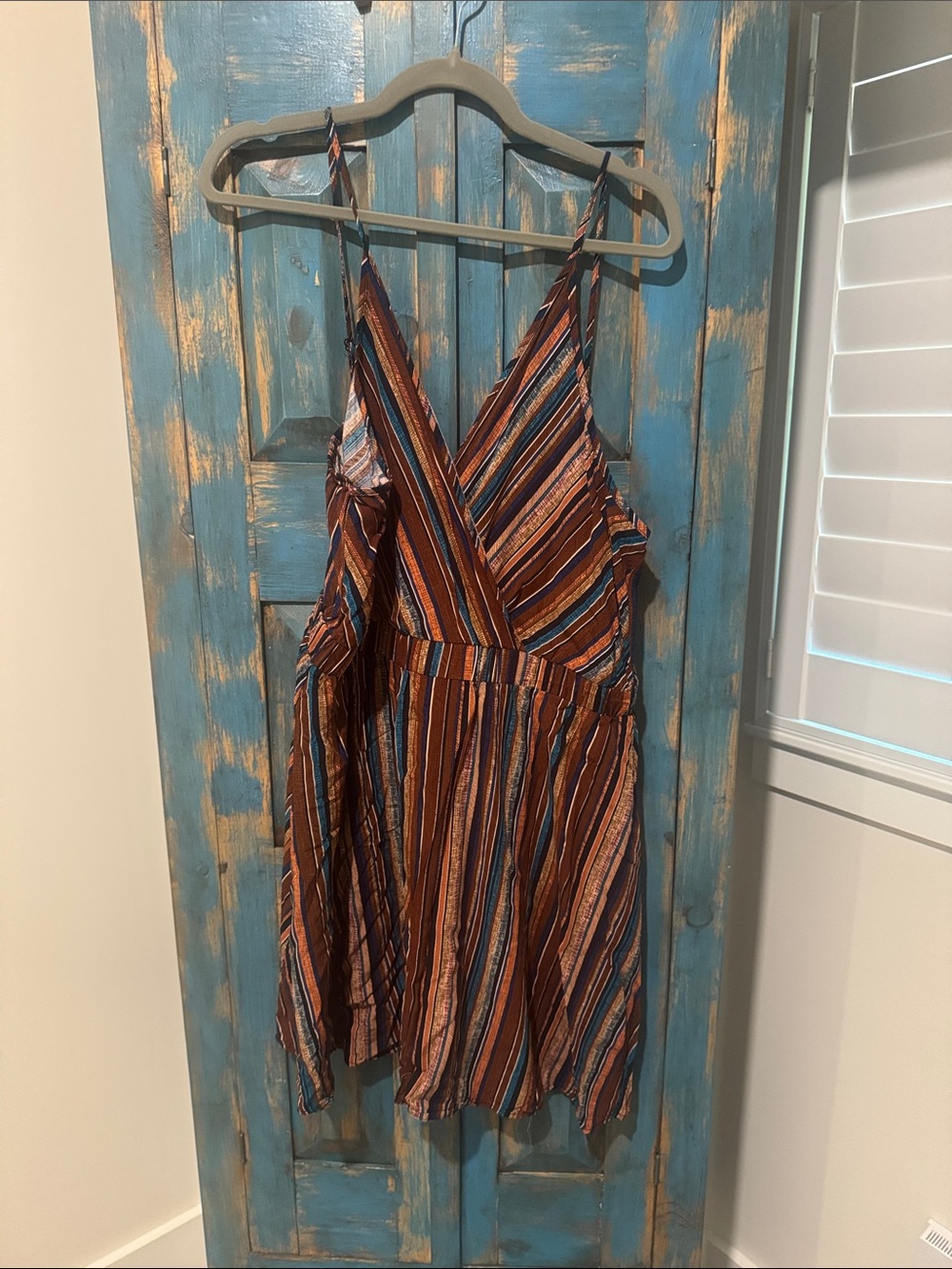 SHEIN Striped V-Neck Spaghetti Strap Dress in Brown & Blue